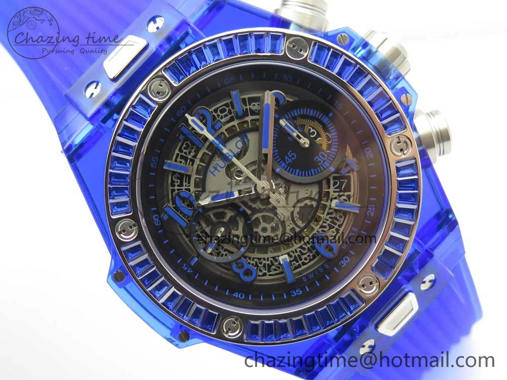 Big Bang Unico Blue Magic Sapphire 45mm OXF Best Edition Crystal Bezel Skeleton Dial on Blue Rubber Strap A1242