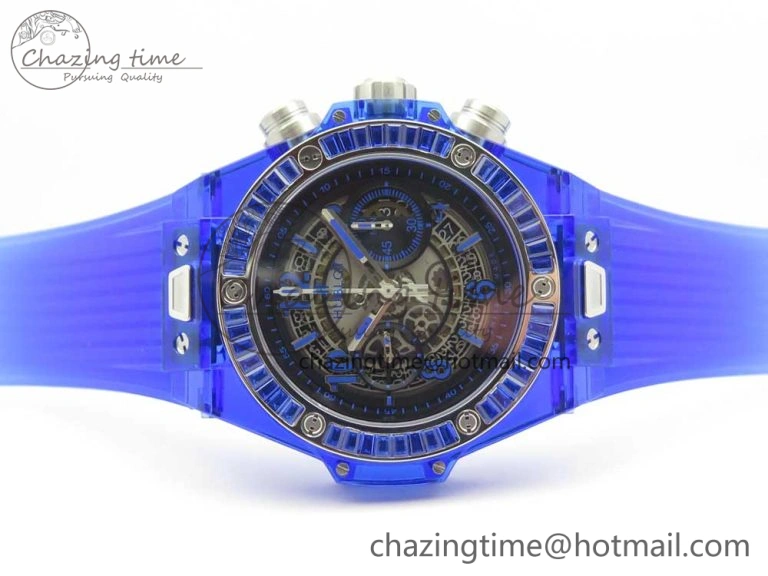 Big Bang Unico Blue Magic Sapphire 45mm OXF Best Edition Crystal Bezel Skeleton Dial on Blue Rubber Strap A1242