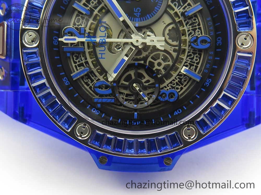Big Bang Unico Blue Magic Sapphire 45mm OXF Best Edition Crystal Bezel Skeleton Dial on Blue Rubber Strap A1242
