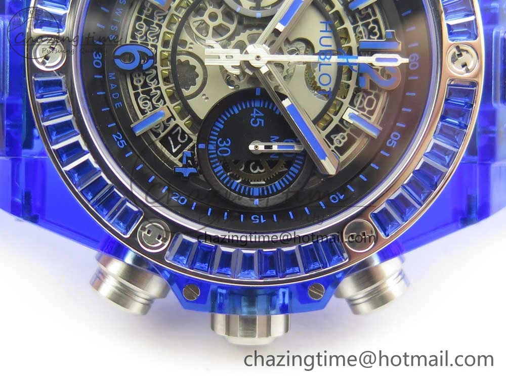Big Bang Unico Blue Magic Sapphire 45mm OXF Best Edition Crystal Bezel Skeleton Dial on Blue Rubber Strap A1242
