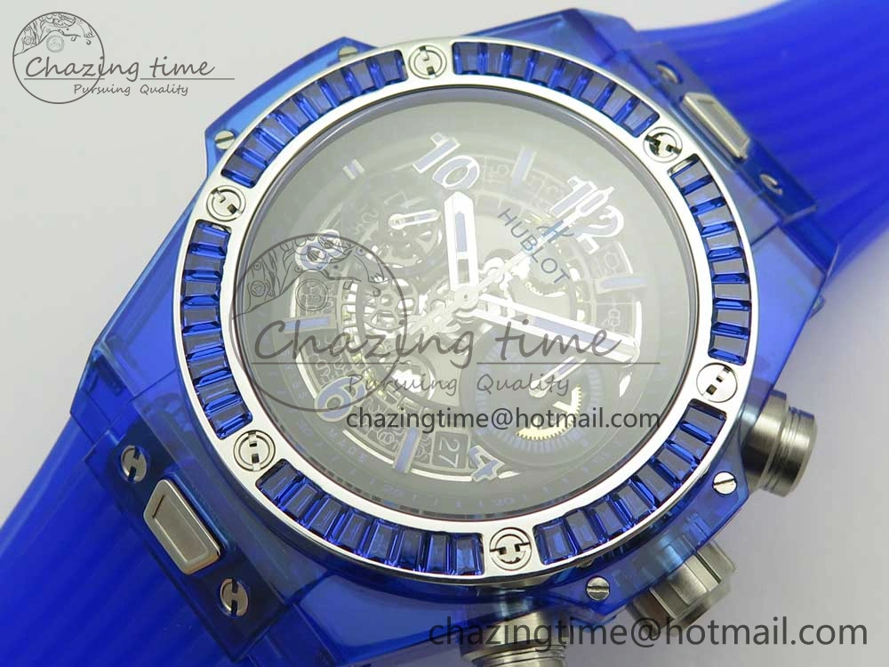 Big Bang Unico Blue Magic Sapphire 45mm OXF Best Edition Crystal Bezel Skeleton Dial on Blue Rubber Strap A1242