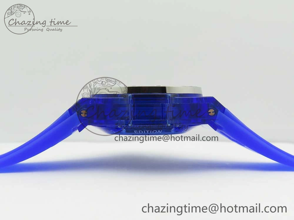 Big Bang Unico Blue Magic Sapphire 45mm OXF Best Edition Crystal Bezel Skeleton Dial on Blue Rubber Strap A1242