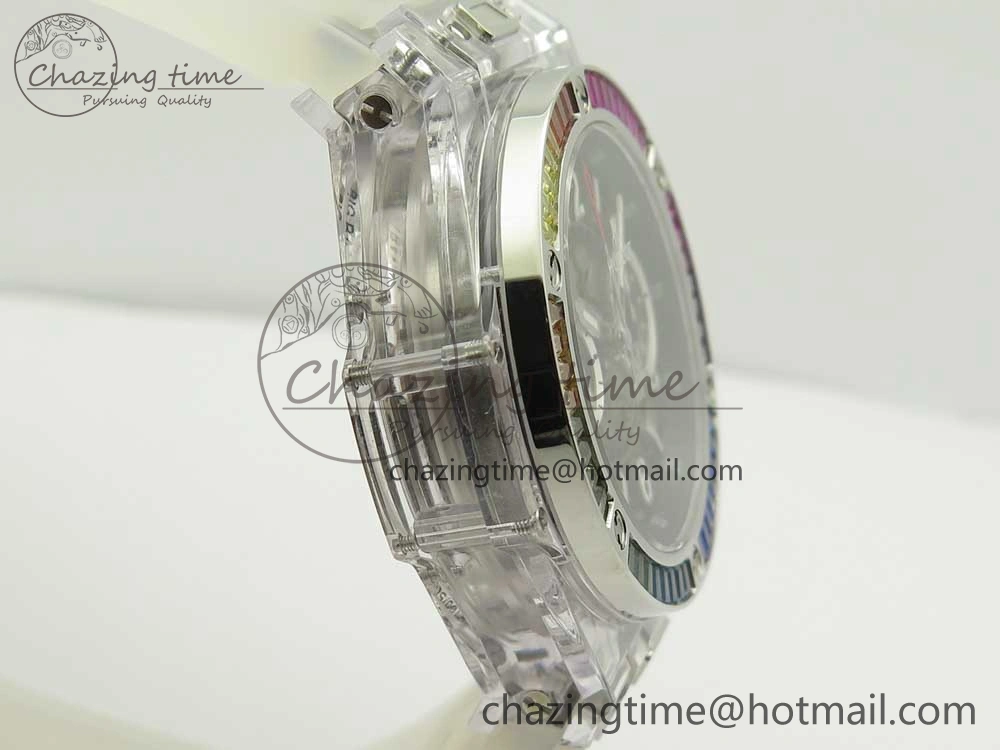 Big Bang Unico Magic Sapphire 45mm OXF Best Edition Rainbow Crystal Bezel Black Dial on White Rubber Strap A1242