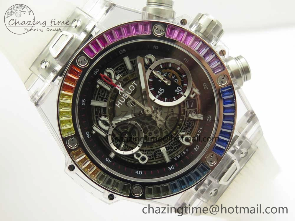 Big Bang Unico Magic Sapphire 45mm OXF Best Edition Rainbow Crystal Bezel Black Dial on White Rubber Strap A1242