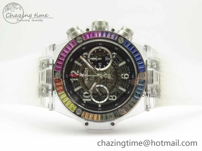 Big Bang Unico Magic Sapphire 45mm OXF Best Edition Rainbow Crystal Bezel Black Dial on White Rubber Strap A1242