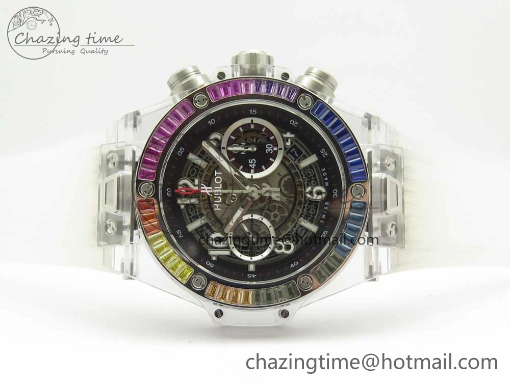 Big Bang Unico Magic Sapphire 45mm OXF Best Edition Rainbow Crystal Bezel Black Dial on White Rubber Strap A1242