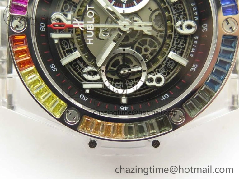Big Bang Unico Magic Sapphire 45mm OXF Best Edition Rainbow Crystal Bezel Black Dial on White Rubber Strap A1242