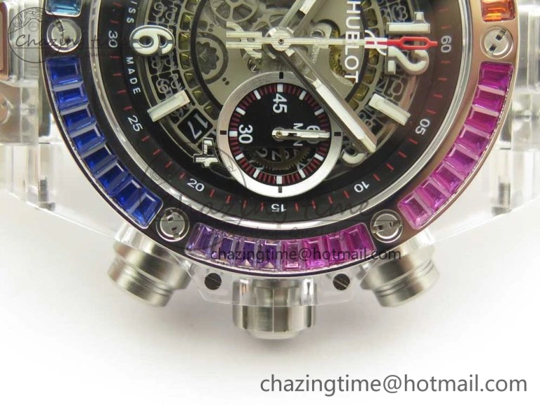 Big Bang Unico Magic Sapphire 45mm OXF Best Edition Rainbow Crystal Bezel Black Dial on White Rubber Strap A1242
