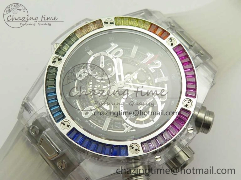 Big Bang Unico Magic Sapphire 45mm OXF Best Edition Rainbow Crystal Bezel Black Dial on White Rubber Strap A1242