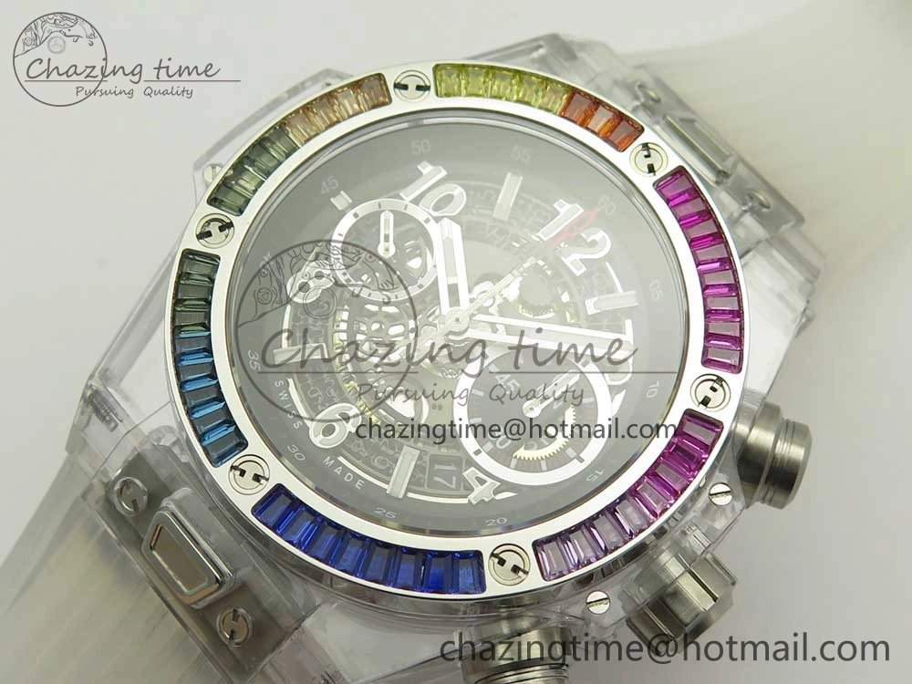Big Bang Unico Magic Sapphire 45mm OXF Best Edition Rainbow Crystal Bezel Black Dial on White Rubber Strap A1242