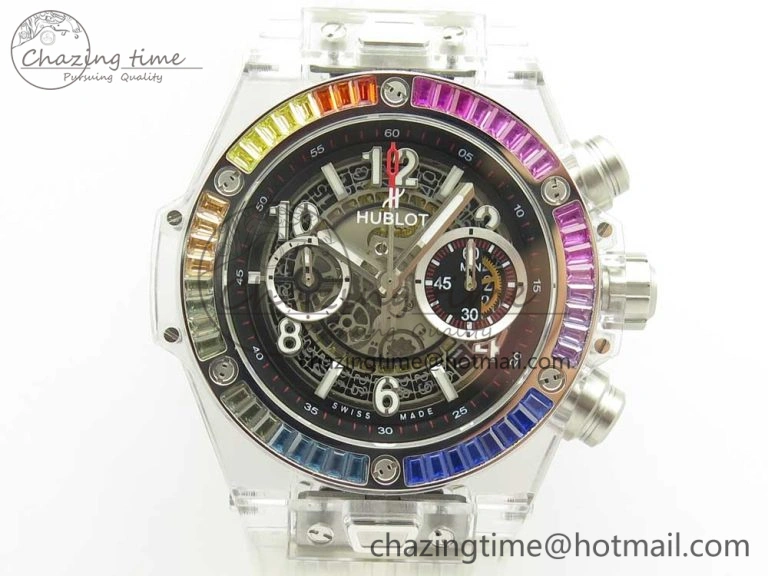 Big Bang Unico Magic Sapphire 45mm OXF Best Edition Rainbow Crystal Bezel Black Dial on White Rubber Strap A1242