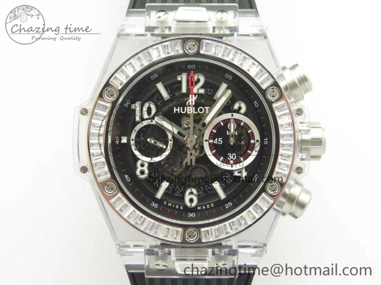 Big Bang Unico Magic Sapphire 45mm OXF Best Edition Skeleton Dial Diamonds Bezel on Black Rubber Strap A1242