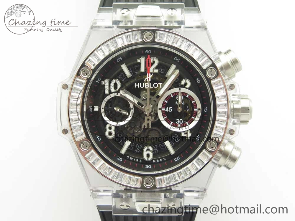 Big Bang Unico Magic Sapphire 45mm OXF Best Edition Skeleton Dial Diamonds Bezel on Black Rubber Strap A1242