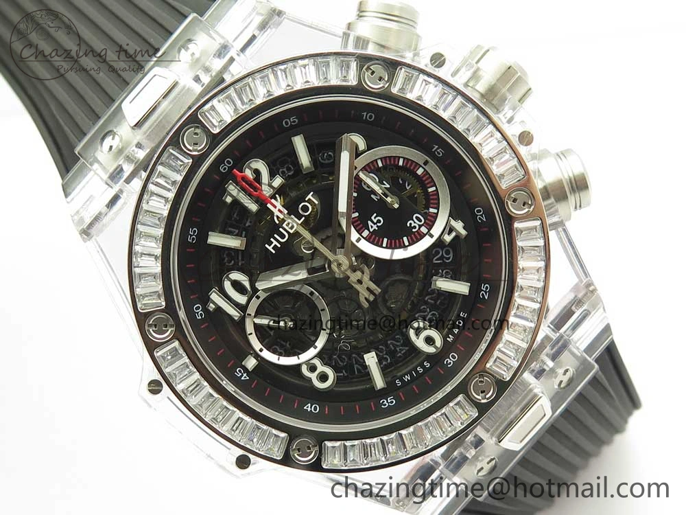 Big Bang Unico Magic Sapphire 45mm OXF Best Edition Skeleton Dial Diamonds Bezel on Black Rubber Strap A1242
