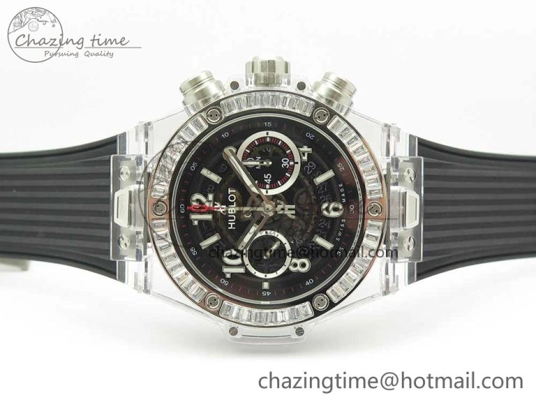 Big Bang Unico Magic Sapphire 45mm OXF Best Edition Skeleton Dial Diamonds Bezel on Black Rubber Strap A1242