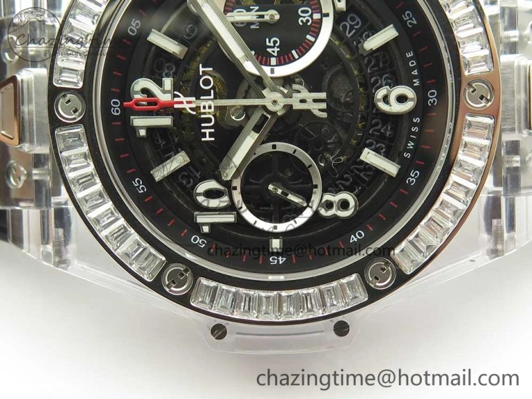 Big Bang Unico Magic Sapphire 45mm OXF Best Edition Skeleton Dial Diamonds Bezel on Black Rubber Strap A1242