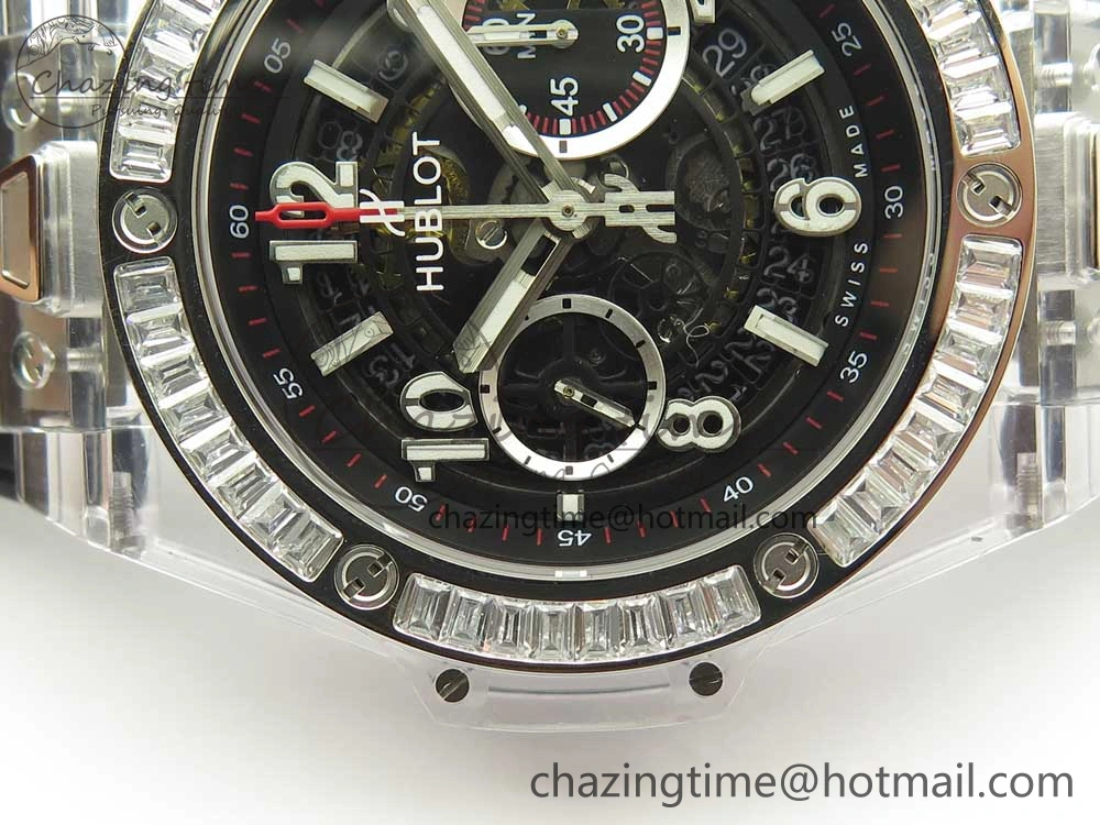 Big Bang Unico Magic Sapphire 45mm OXF Best Edition Skeleton Dial Diamonds Bezel on Black Rubber Strap A1242