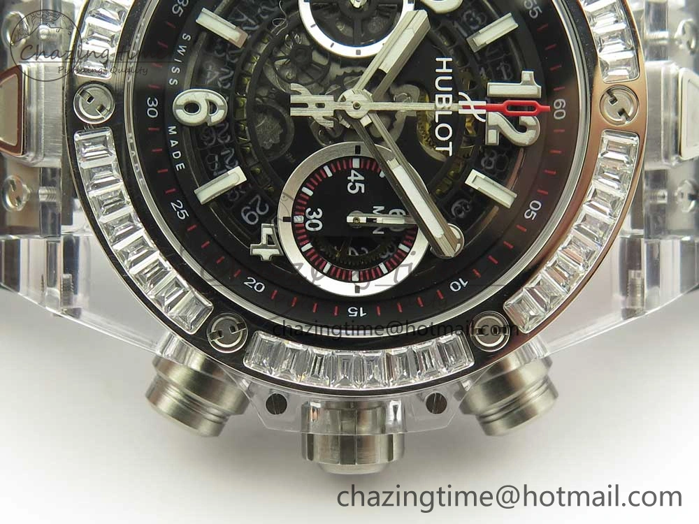 Big Bang Unico Magic Sapphire 45mm OXF Best Edition Skeleton Dial Diamonds Bezel on Black Rubber Strap A1242