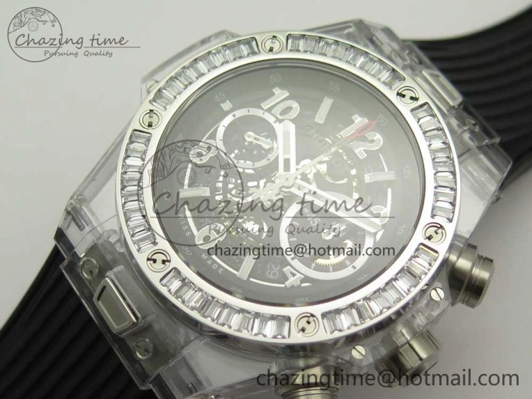 Big Bang Unico Magic Sapphire 45mm OXF Best Edition Skeleton Dial Diamonds Bezel on Black Rubber Strap A1242