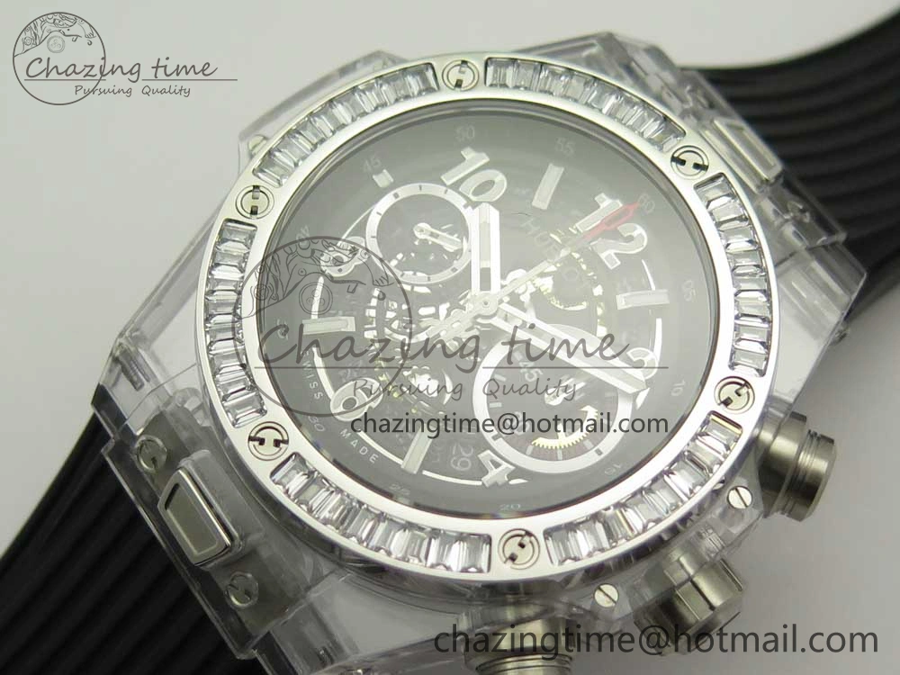 Big Bang Unico Magic Sapphire 45mm OXF Best Edition Skeleton Dial Diamonds Bezel on Black Rubber Strap A1242