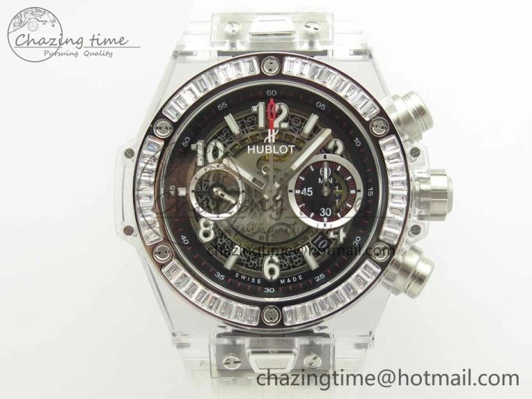 Big Bang Unico Magic Sapphire 45mm OXF Best Edition Skeleton Dial Diamonds Bezel on White Rubber Strap A1242