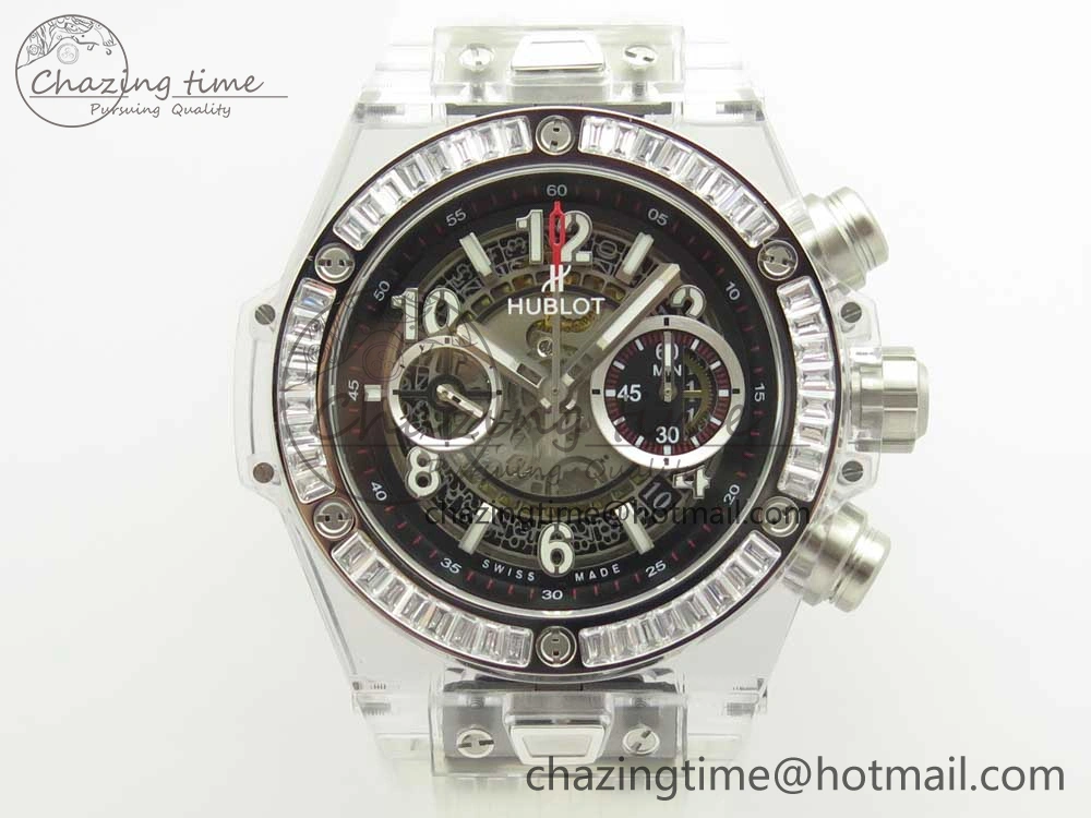 Big Bang Unico Magic Sapphire 45mm OXF Best Edition Skeleton Dial Diamonds Bezel on White Rubber Strap A1242