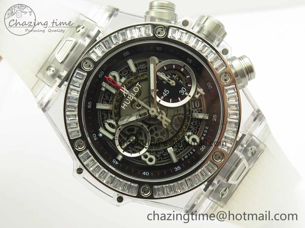 Big Bang Unico Magic Sapphire 45mm OXF Best Edition Skeleton Dial Diamonds Bezel on White Rubber Strap A1242