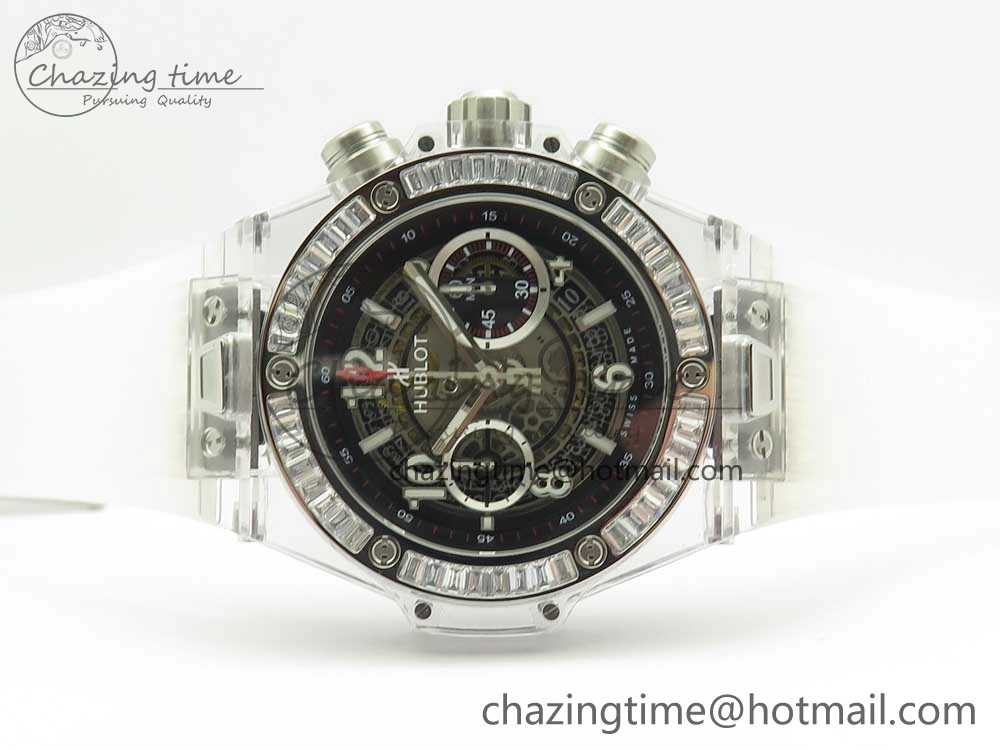 Big Bang Unico Magic Sapphire 45mm OXF Best Edition Skeleton Dial Diamonds Bezel on White Rubber Strap A1242