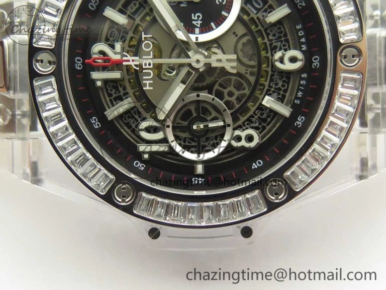 Big Bang Unico Magic Sapphire 45mm OXF Best Edition Skeleton Dial Diamonds Bezel on White Rubber Strap A1242
