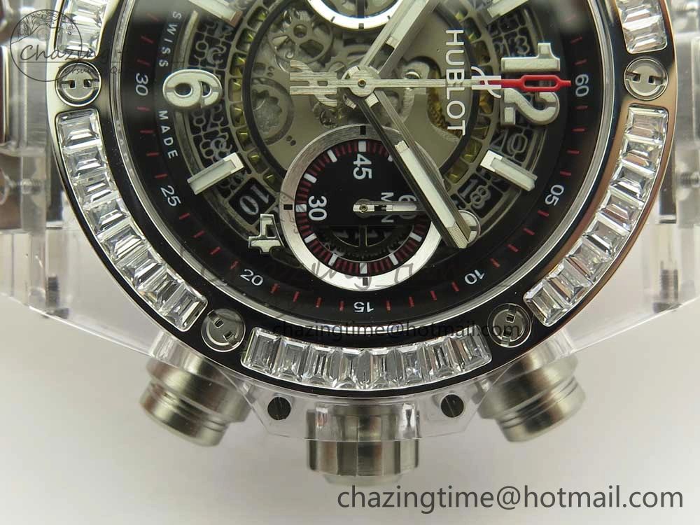 Big Bang Unico Magic Sapphire 45mm OXF Best Edition Skeleton Dial Diamonds Bezel on White Rubber Strap A1242