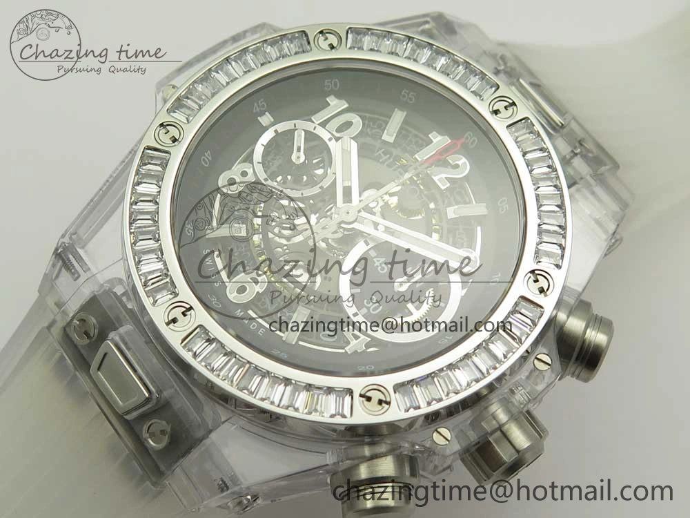 Big Bang Unico Magic Sapphire 45mm OXF Best Edition Skeleton Dial Diamonds Bezel on White Rubber Strap A1242