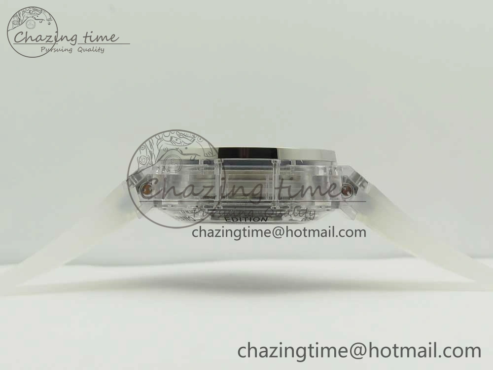 Big Bang Unico Magic Sapphire 45mm OXF Best Edition Skeleton Dial Diamonds Bezel on White Rubber Strap A1242