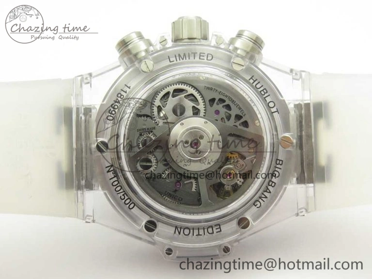 Big Bang Unico Magic Sapphire 45mm OXF Best Edition Skeleton Dial Diamonds Bezel on White Rubber Strap A1242