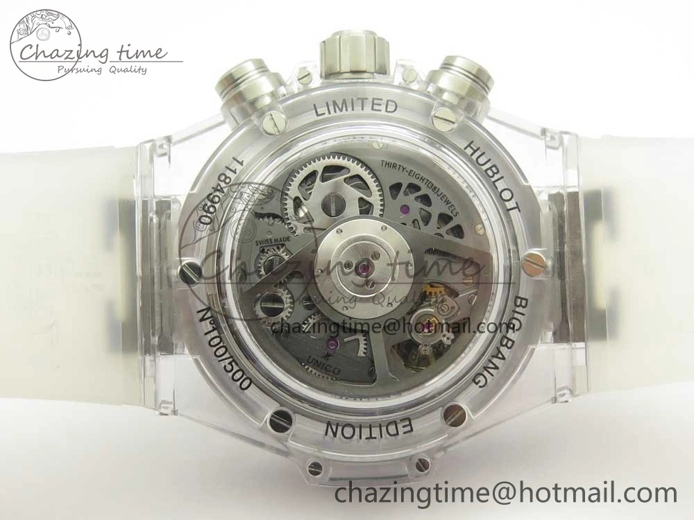 Big Bang Unico Magic Sapphire 45mm OXF Best Edition Skeleton Dial Diamonds Bezel on White Rubber Strap A1242