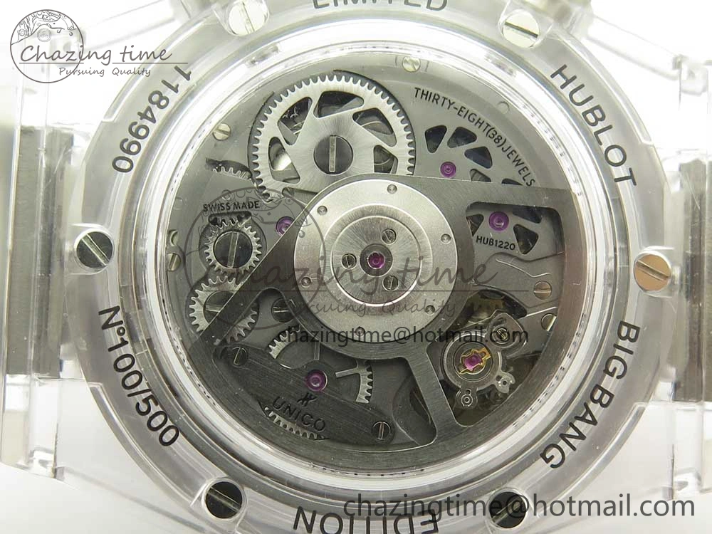 Big Bang Unico Magic Sapphire 45mm OXF Best Edition Skeleton Dial Diamonds Bezel on White Rubber Strap A1242