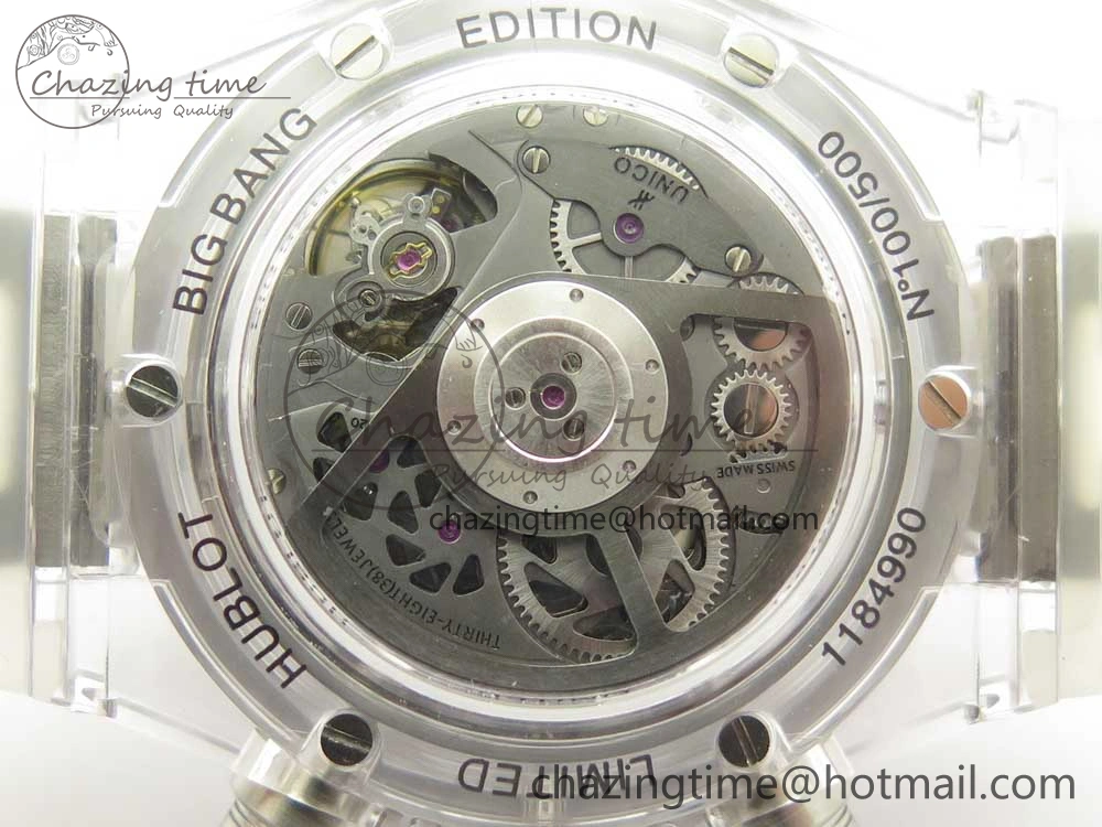 Big Bang Unico Magic Sapphire 45mm OXF Best Edition Skeleton Dial Diamonds Bezel on White Rubber Strap A1242