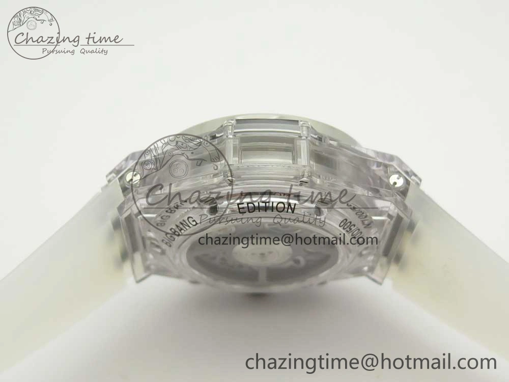 Big Bang Unico Magic Sapphire 45mm OXF Best Edition Skeleton Dial Diamonds Bezel on White Rubber Strap A1242