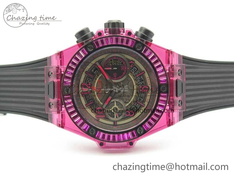 Big Bang Unico Purple Magic Sapphire 45mm OXF Best Edition Crystal Bezel Skeleton Dial on Black Rubber Strap A1242