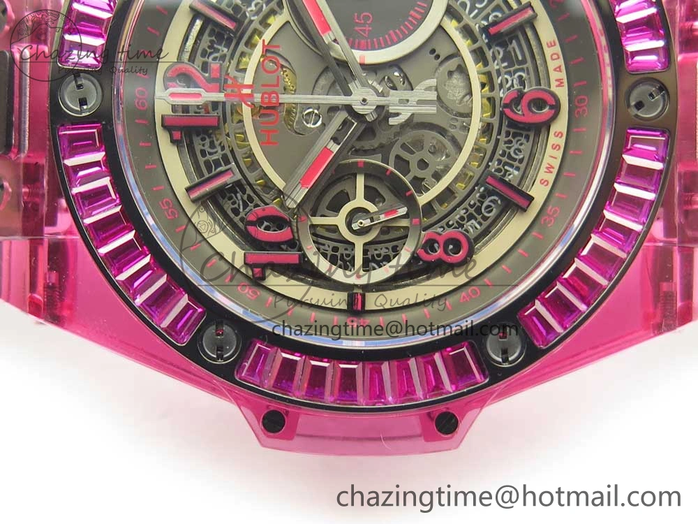Big Bang Unico Purple Magic Sapphire 45mm OXF Best Edition Crystal Bezel Skeleton Dial on Black Rubber Strap A1242