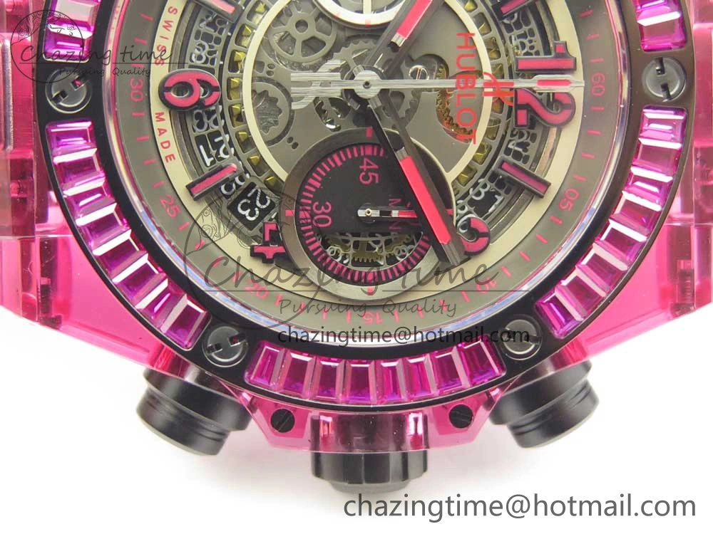 Big Bang Unico Purple Magic Sapphire 45mm OXF Best Edition Crystal Bezel Skeleton Dial on Black Rubber Strap A1242