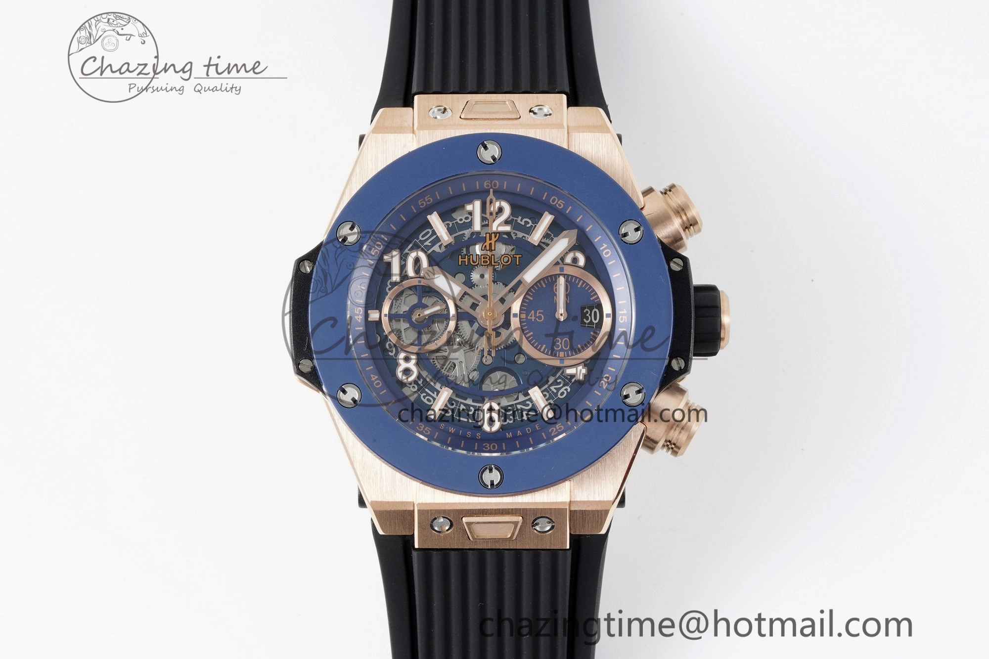 Big Bang Unico RG 45mm BBF 1:1 Best Edition Blue Ceramic Bezel Skeleton Dial on Black Rubber Strap A1280