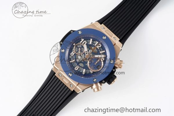 Big Bang Unico RG 45mm BBF 1:1 Best Edition Blue Ceramic Bezel Skeleton Dial on Black Rubber Strap A1280