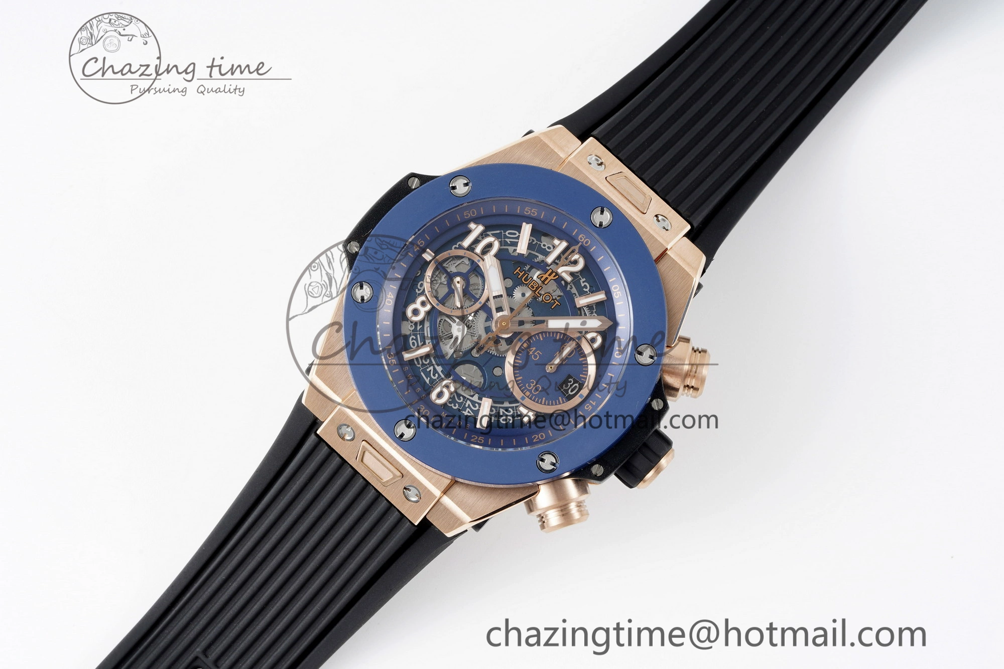 Big Bang Unico RG 45mm BBF 1:1 Best Edition Blue Ceramic Bezel Skeleton Dial on Black Rubber Strap A1280