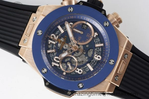 Big Bang Unico RG 45mm BBF 1:1 Best Edition Blue Ceramic Bezel Skeleton Dial on Black Rubber Strap A1280