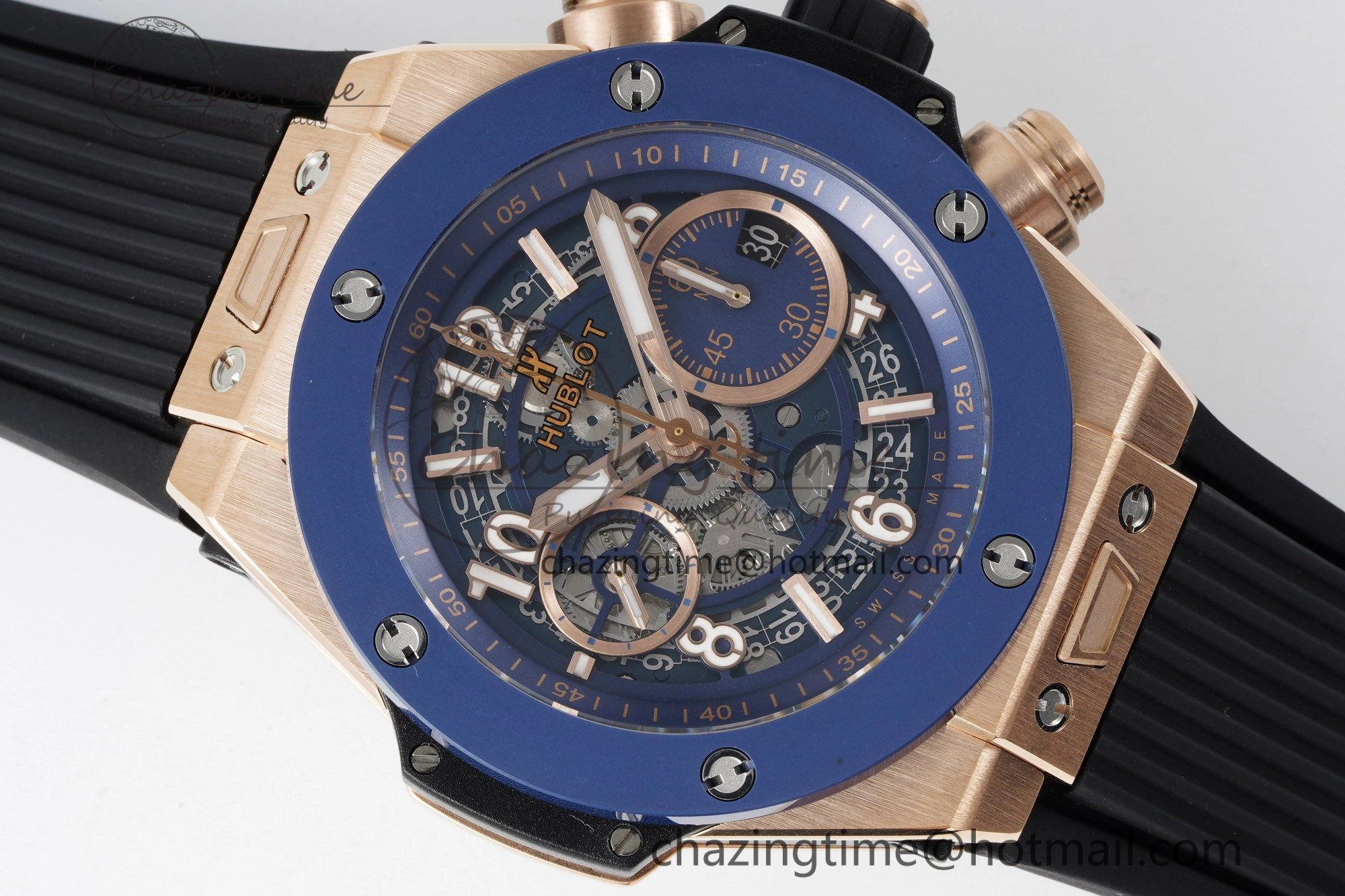 Big Bang Unico RG 45mm BBF 1:1 Best Edition Blue Ceramic Bezel Skeleton Dial on Black Rubber Strap A1280
