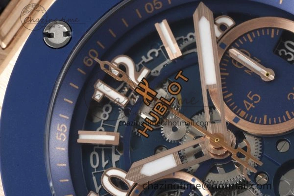 Big Bang Unico RG 45mm BBF 1:1 Best Edition Blue Ceramic Bezel Skeleton Dial on Black Rubber Strap A1280