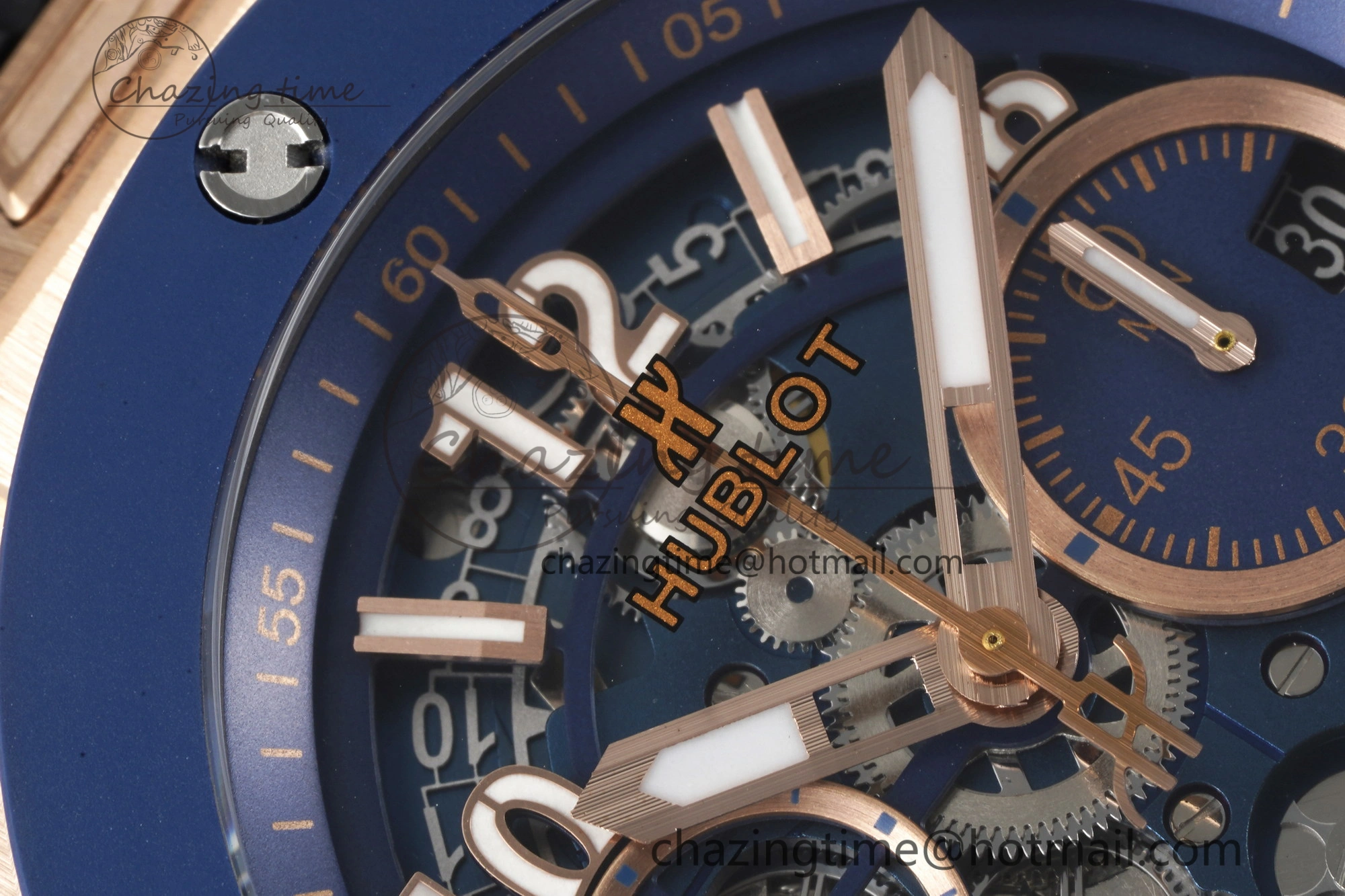 Big Bang Unico RG 45mm BBF 1:1 Best Edition Blue Ceramic Bezel Skeleton Dial on Black Rubber Strap A1280