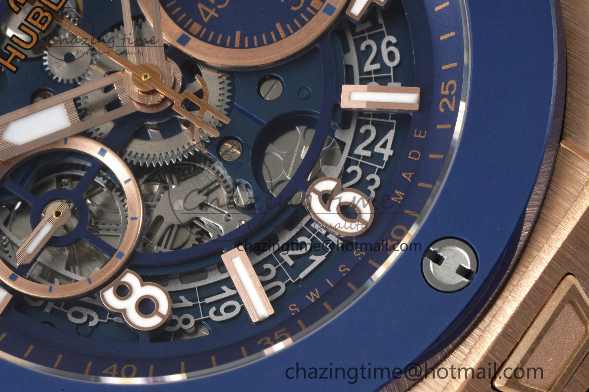 Big Bang Unico RG 45mm BBF 1:1 Best Edition Blue Ceramic Bezel Skeleton Dial on Black Rubber Strap A1280