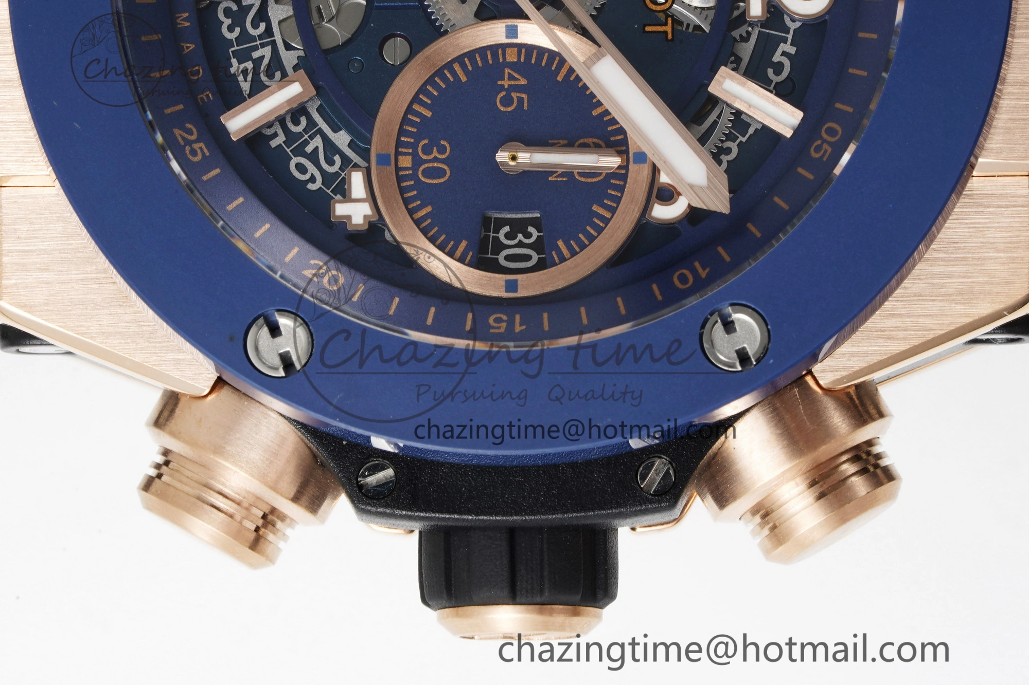 Big Bang Unico RG 45mm BBF 1:1 Best Edition Blue Ceramic Bezel Skeleton Dial on Black Rubber Strap A1280
