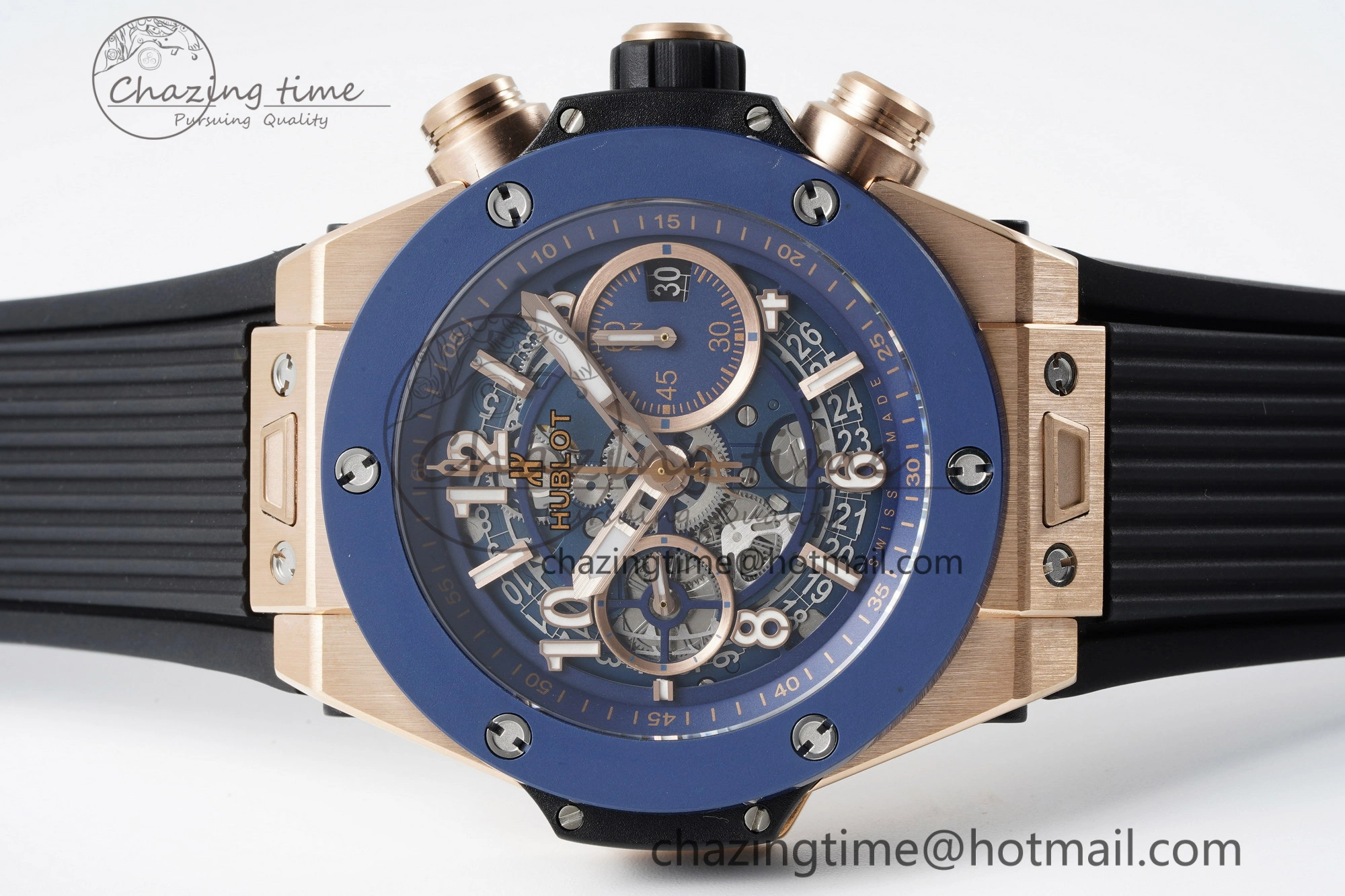 Big Bang Unico RG 45mm BBF 1:1 Best Edition Blue Ceramic Bezel Skeleton Dial on Black Rubber Strap A1280